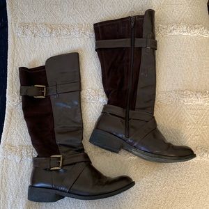 Brown leather and suede mid calf boots